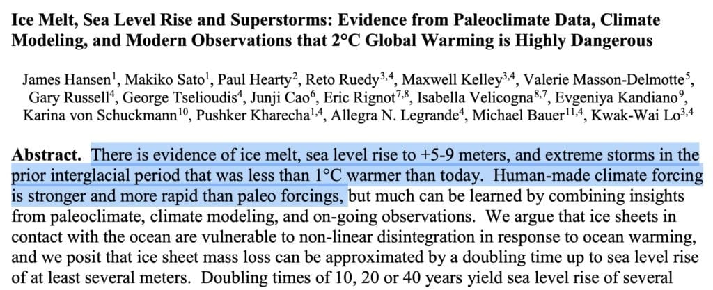 Ice Melt, Sea Level Rise and Superstorms: Evidence from Paleoclimate Data, Climate Modeling, and Modern Observations that 2°C Global Warming is Highly Dangerous James Hansen