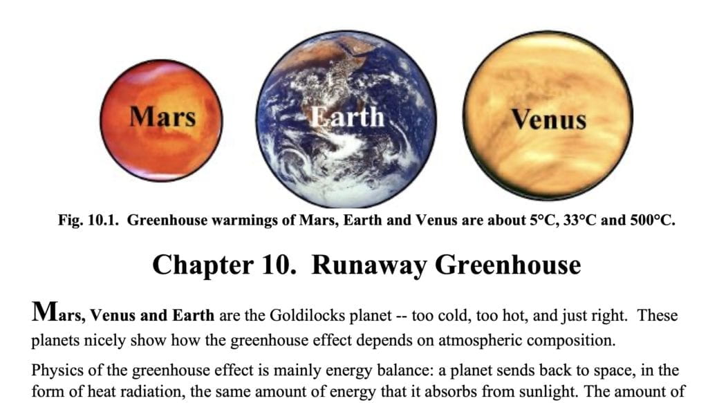 Sophie's Planet, Dr. James Hansen Chapter 10. Runaway Greenhouse Mars, Venus and Earth are the Goldilocks planet -- too cold, too hot, and just right. These planets nicely show how the greenhouse effect depends on atmospheric composition. Physics of the greenhouse effect is mainly energy balance: a planet sends back to space, in the form of heat radiation, the same amount of energy that it absorbs from sunlight. 