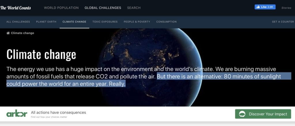 Climate change The energy we use has a huge impact on the environment and the world’s climate. We are burning massive amounts of fossil fuels that release CO2 and pollute the air. But there is an alternative: 80 minutes of sunlight could power the world for an entire year.