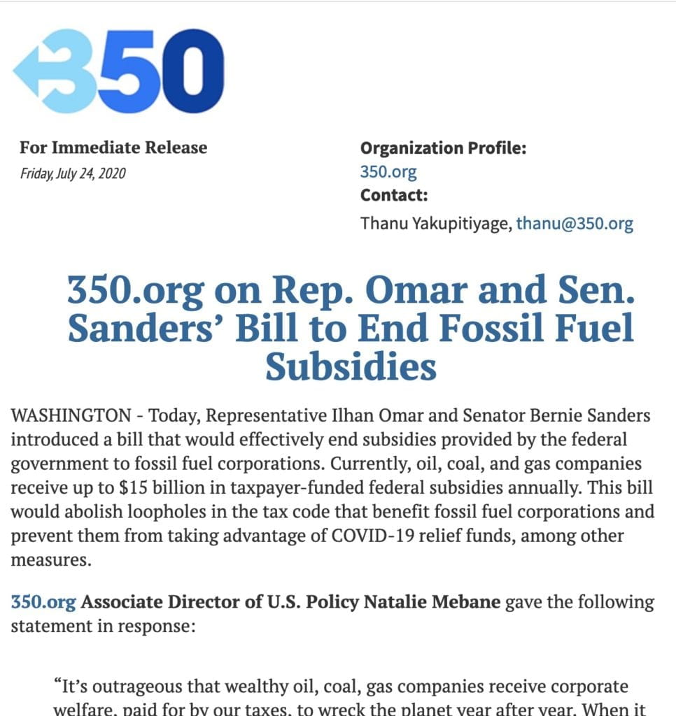 350.org on Rep. Omar and Sen. Sanders’ Bill to End Fossil Fuel Subsidies