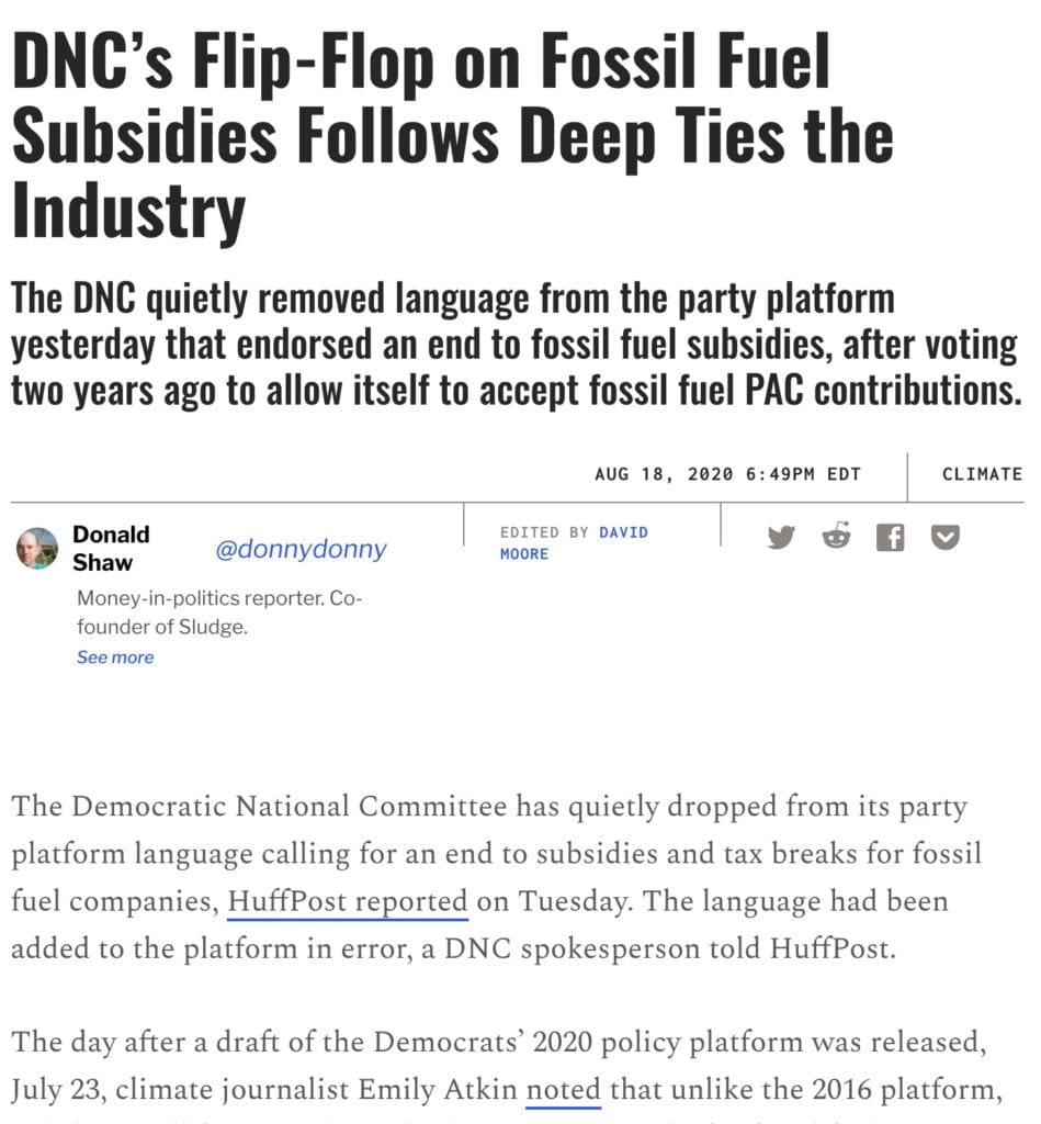 The DNC quietly removed language from the party platform yesterday that endorsed an end to fossil fuel subsidies, after voting two years ago to allow itself to accept fossil fuel PAC contributions. 