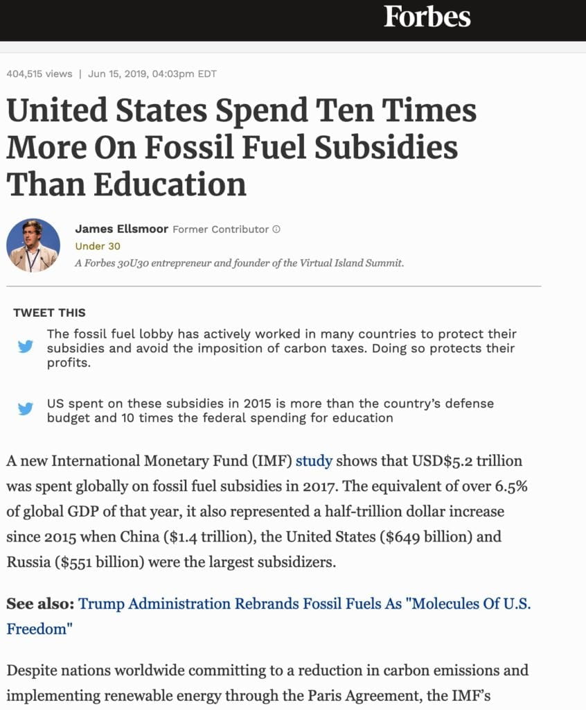 United States Spend Ten Times More On Fossil Fuel Subsidies Than Education