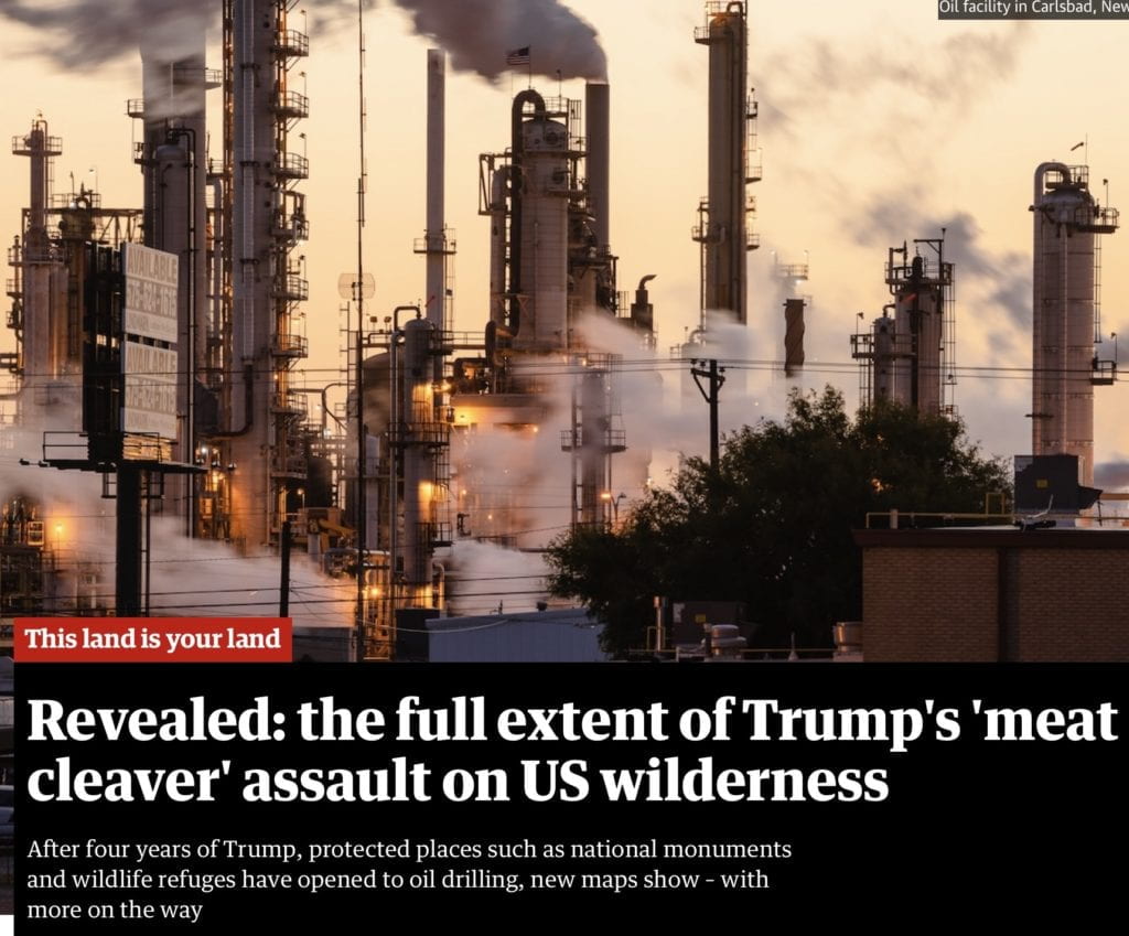 Oil facility in Carlsbad, New Mexico. Photograph: Justin Hamel/The Guardian This land is your land Revealed: the full extent of Trump's 'meat cleaver' assault on US wilderness After four years of Trump, protected places such as national monuments and wildlife refuges have opened to oil drilling, new maps show – with more on the way