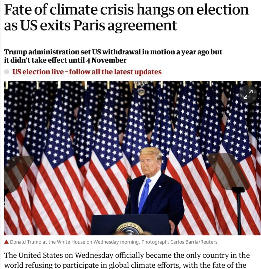 Fate of climate crisis hangs on election as US exits Paris agreement | US news | The Guardian