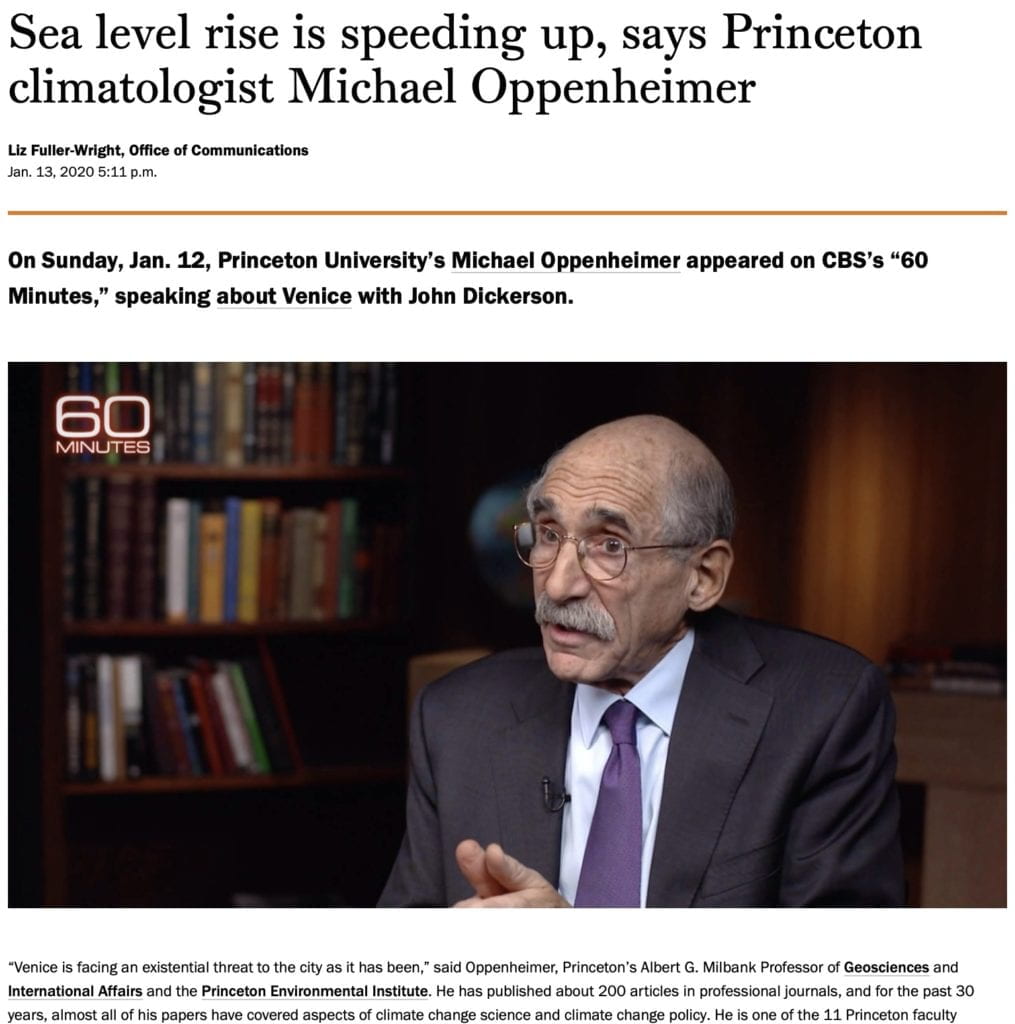 On Sunday, Jan. 12, Princeton University’s Michael Oppenheimer appeared on CBS’s “60 Minutes,” speaking about Venice with John Dickerson.