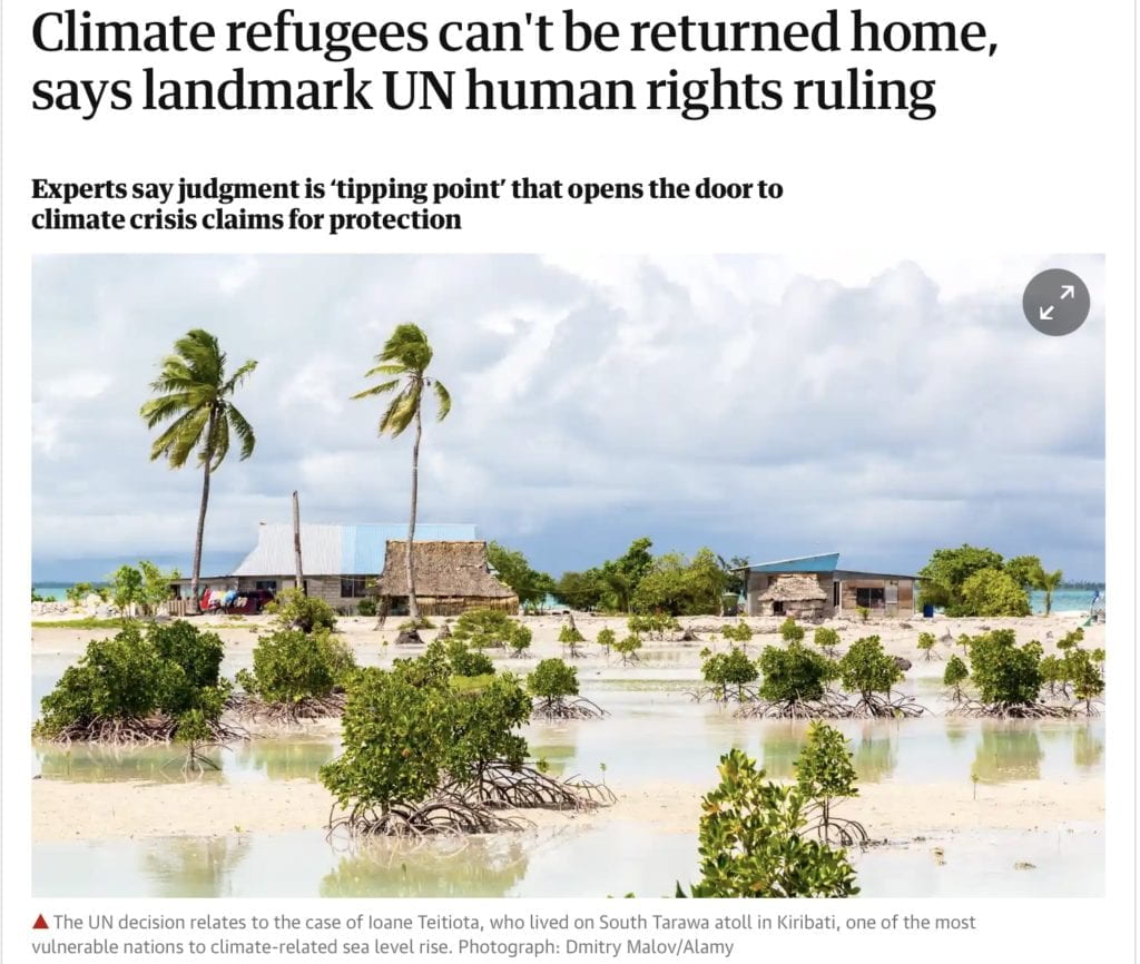 Climate refugees can't be returned home, says landmark UN human rights ruling This article is more than 9 months old Experts say judgment is ‘tipping point’ that opens the door to climate crisis claims for protection