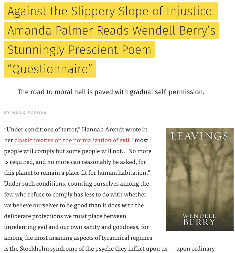 Amanda Palmer Reads Wendell Berry’s Stunningly Prescient Poem “Questionnaire”