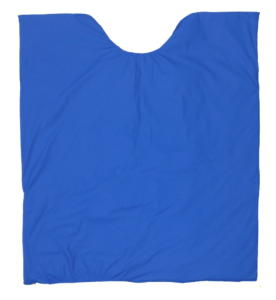 Blue weighted blanket. It is rectangular shaped blanket with a dent op the top, making it the same shape as sleeveless shirt.