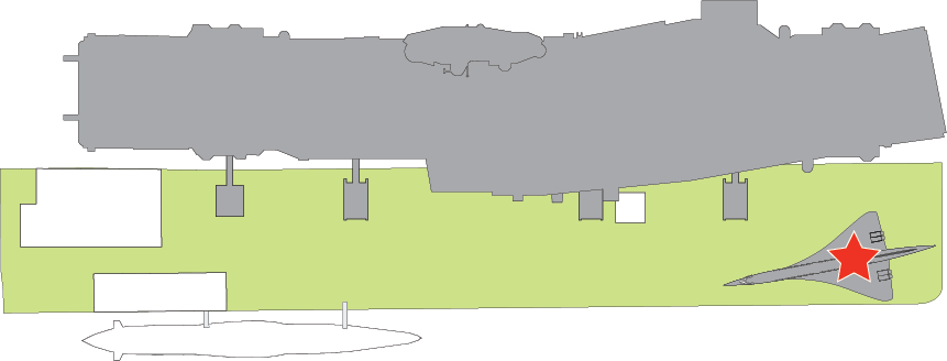 Floor plan of Pier 86. A red star marks the center of the Concorde. When you exit the Welcome Center, the Concorde is on the pier at the far end.