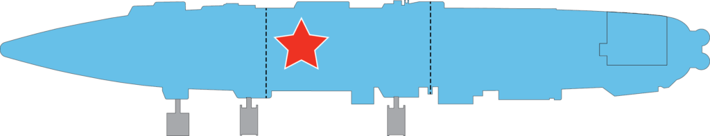 Floor plan of the hangar deck. A red star marks the center of the TBM Avenger. When you enter the hangar deck from the Tower 1 gangway (bridge), turn right and go past the large steam accumulator pipes, commissioning bell, optical landing system (the concave mirror with lights on each side) and ship propeller. The Avenger is just past a speed bump-like rise in the floor (the original fire door tracks).