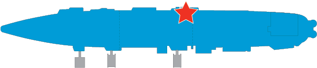 Floor plan of the hangar deck. A red star marks the center of On the Line. When you enter the hangar deck from the Tower 1 gangway (bridge), turn right and go past the large steam accumulator pipes, commissioning bell, optical landing system (the concave mirror with lights on each side), ship propeller, TBM Avenger propeller plane, FJ-1 Fury jet plane and HUP helicopter. The entrance to On the Line: Intrepid and the Vietnam War will be on the left-side wall, next to the A-4 Skyhawk jet plane.