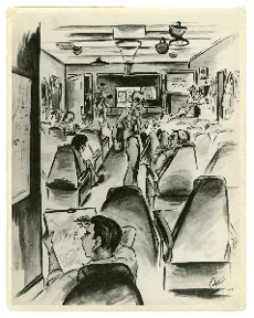 Black and white cartoon image of a man seated in a chair drawing in the foreground, rows of chairs with men talking while seated or standing extend into the background