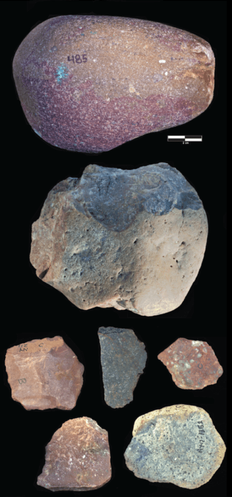 Examples of an Oldowan percussive tool, core and flakes from the Nyayanga site