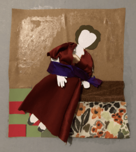 This tactile graphic is an interpretation of an oil based portrait of a young woman leaning on a cushion while wearing an elegant, silk dress and decorated with a lovely updo hairstyle.