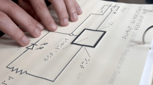 Fingers touching a tactile schematic of a circuit diagram with braille labels