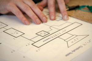 Close up of hands exploring a tactile schematic of a continuity tester.