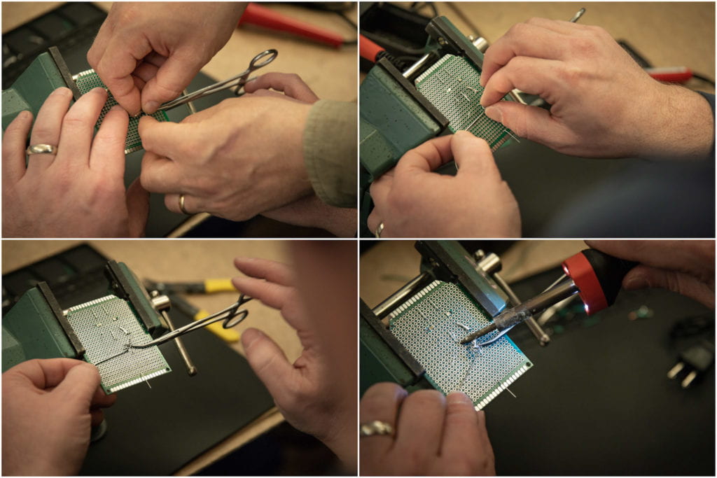 A grid of photos shows the process of landmarking using forceps. Clockwise: the instructor helps an attendee use locking forceps to landmark where to put the tip of the soldering iron, the attendee lines the end of the solder up with the end of the forceps, the attendee uses the soldering iron tip to feel for where the end of the solder lines up with the forceps.