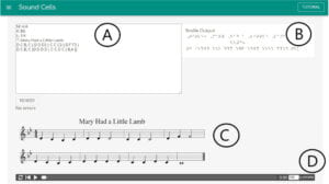 Screenshot of soundcells prototype: including a text editor, braille music output, visual music output, and audio playback button. 