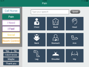 A screen with nine icons that each correspond to an area of the body that may exhibit pain. 