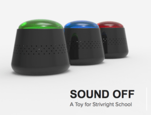 Three speaker like devices with a colored LED light on top. 