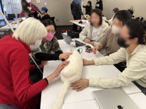 Georgina Kleege holds a white cane on her left shoulder and pets a multisensory white cat pillow that purrs and smells like cat shampoo, while 3 students observe.