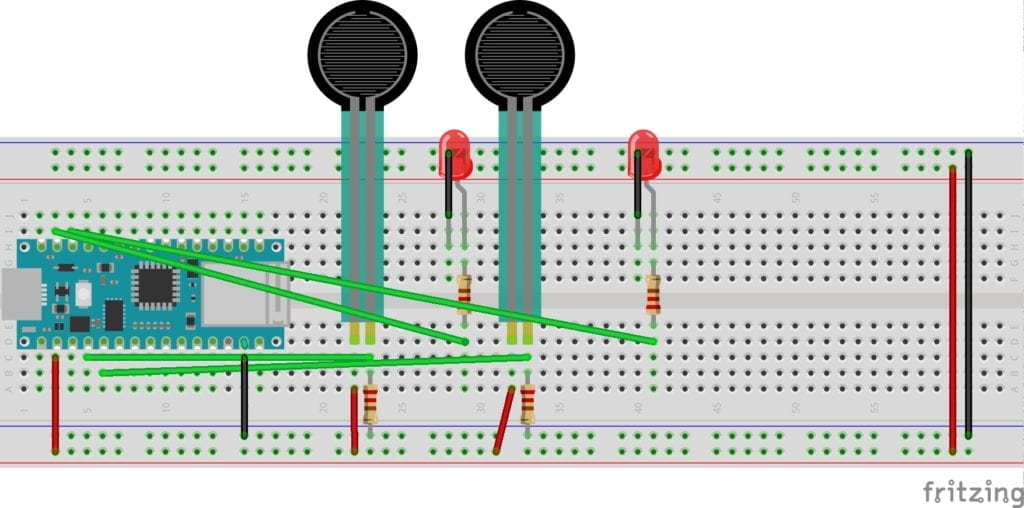 A sketch of Two pressure sensors lighting up two LEDS on a breadboard.