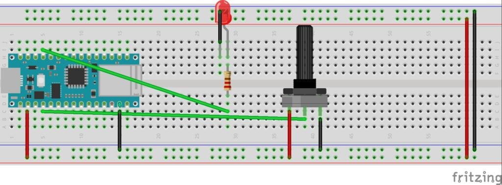 Potentiometer connected to breadboard lighting up a LED