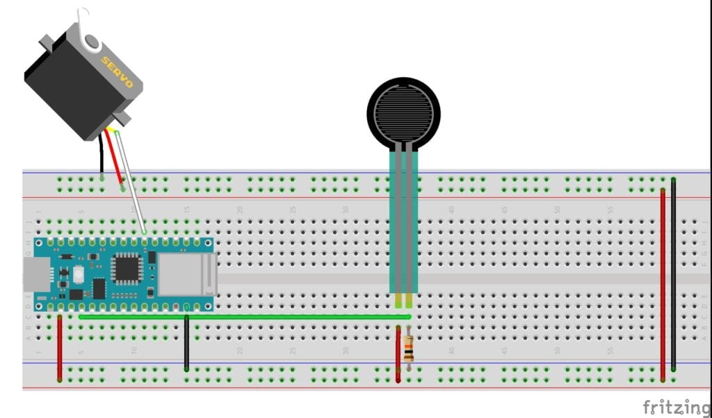 Top down sketch of a breadboard layout. A pressure sensor is running a servo.