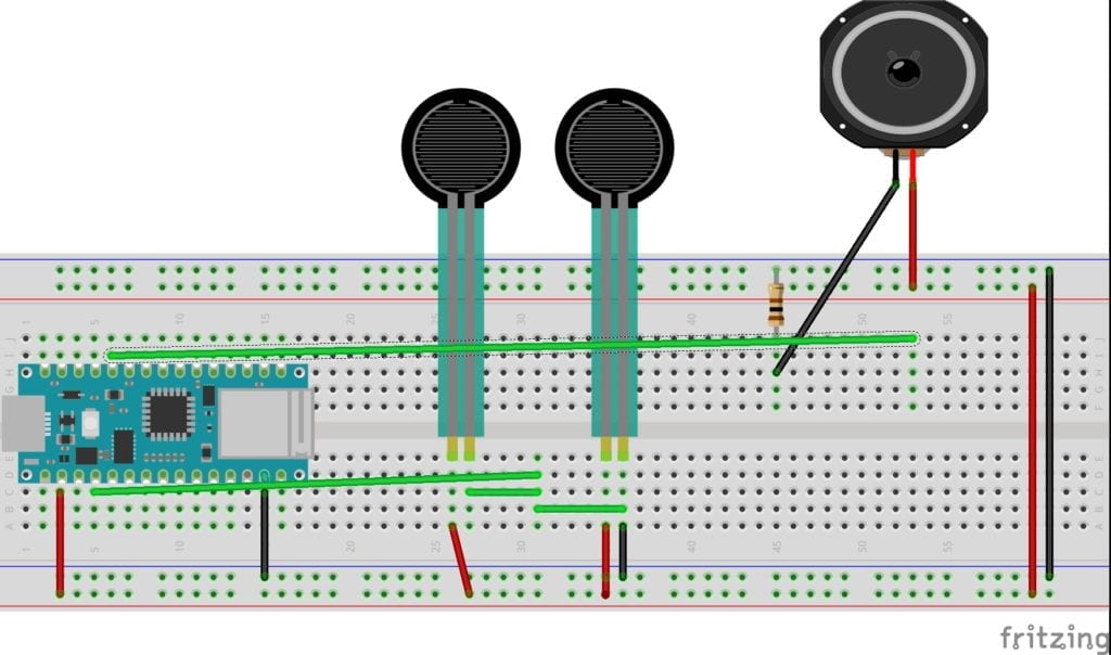 Top down sketch of a breadboard layout. Two pressure sensors running a speaker.