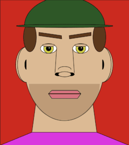 My final sketch a complete face set on a red background. The mans face has a light beard and is wearing a green hat and purple shirt. He also has brown hair and green eyes. 