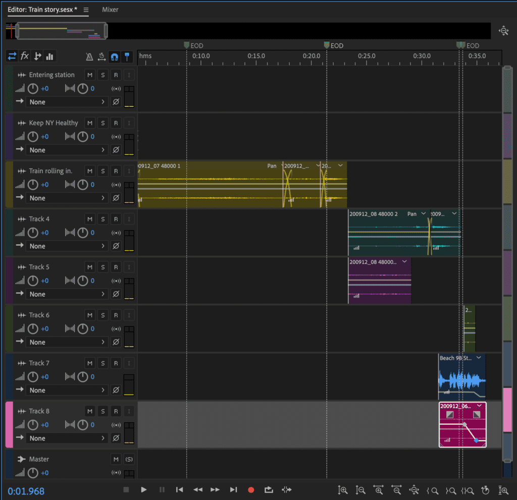 A screen shot of an Adobe Audition file to show the layering of sounds.