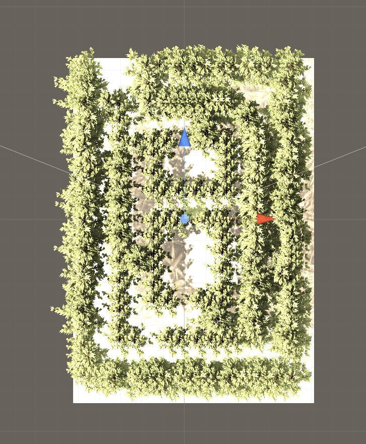 Top down view of a tree maze made in Unity.