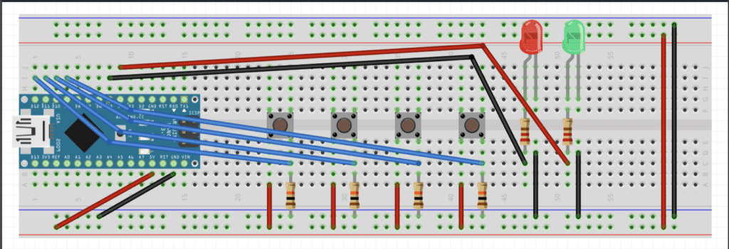 Top down sketch of a breadboard , four switches, 2 LEDS.