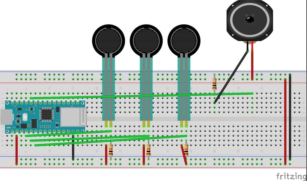 Top down sketch of a breadboard layout. Three pressure sensors running a speaker.