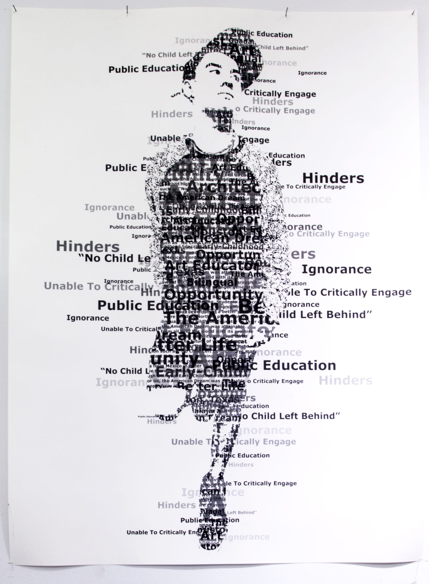 Self-portrait of a student, using words and phrases such as "No Child Left Behind."