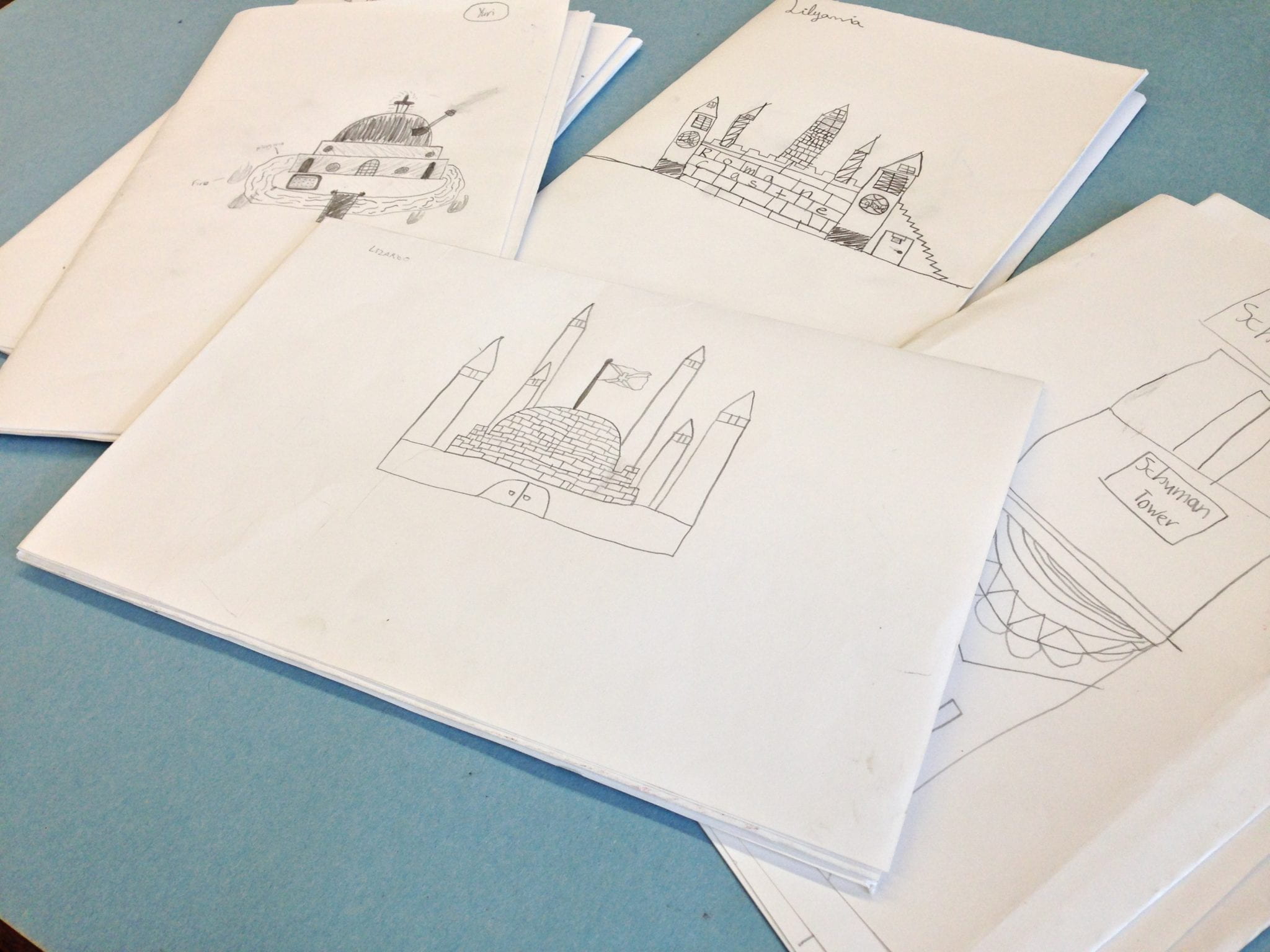 Student drawings of buildings. 