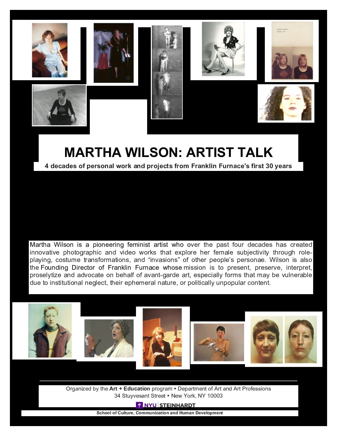 Poster for Martha Wilson artist talk. 