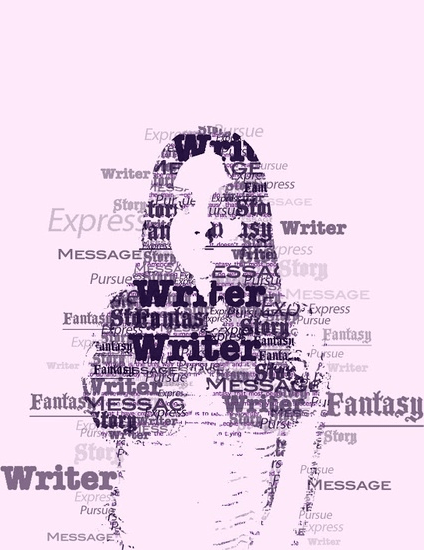 Student self-portrait using various words and phrases, such as, "Writer."