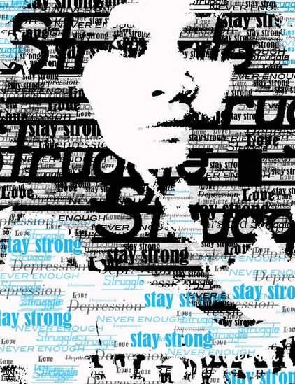 Student self-portrait using various words and phrases, such as, "Stay Strong."