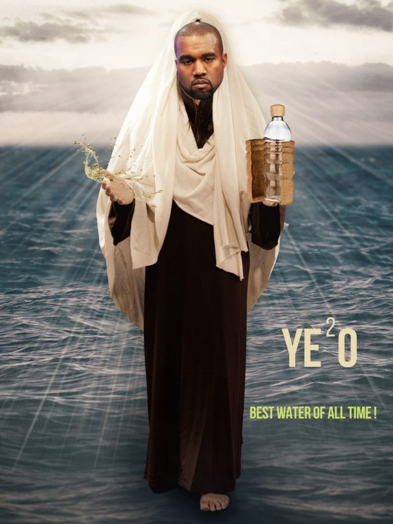 Image of fake advertisement showing Kanye West selling water