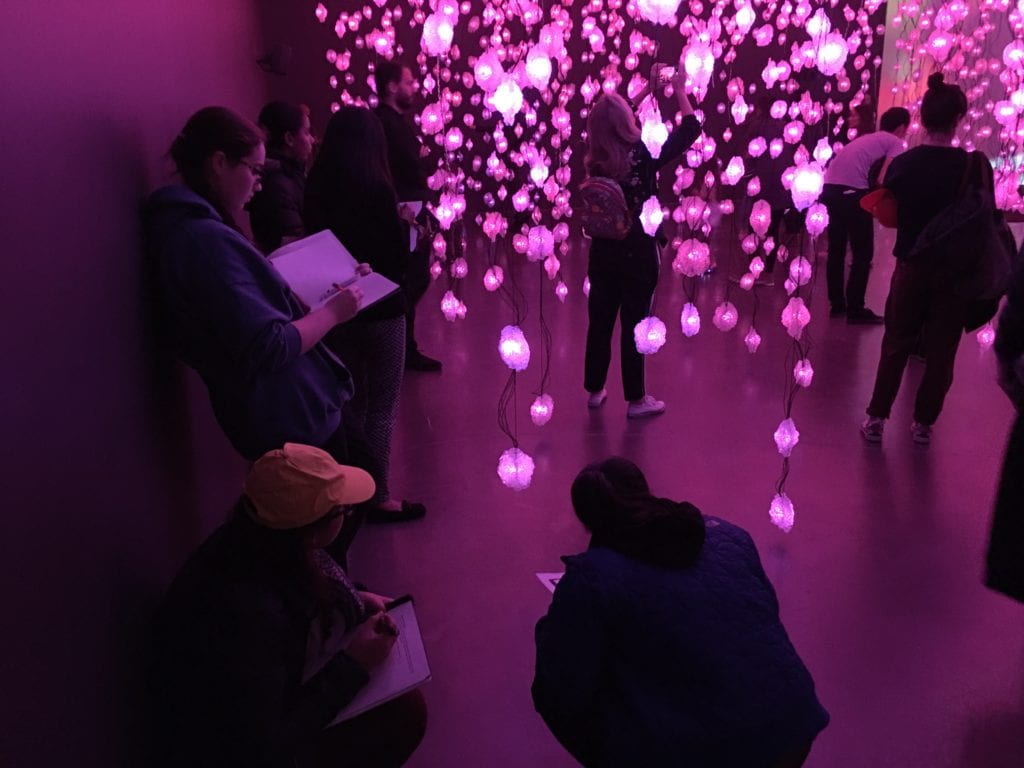 Students standing in hanging lights installation