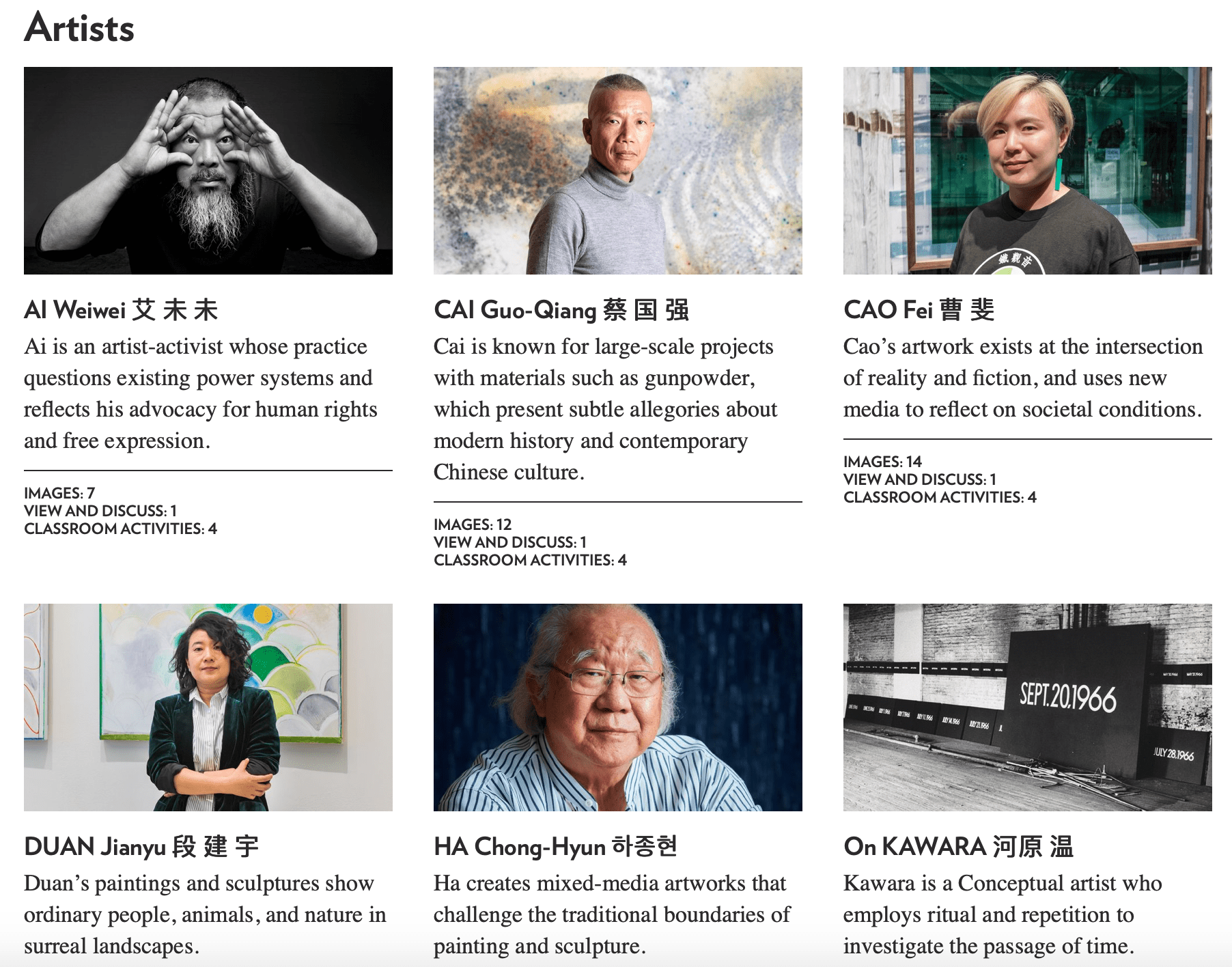 Screenshot from the Guggenheim's website, displaying a sample of the featured artists.