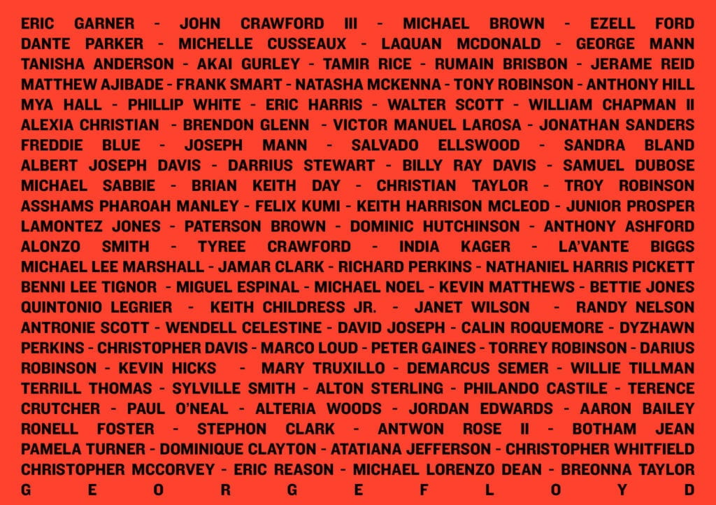 Orange text graphic with the names of black people murdered by police. 