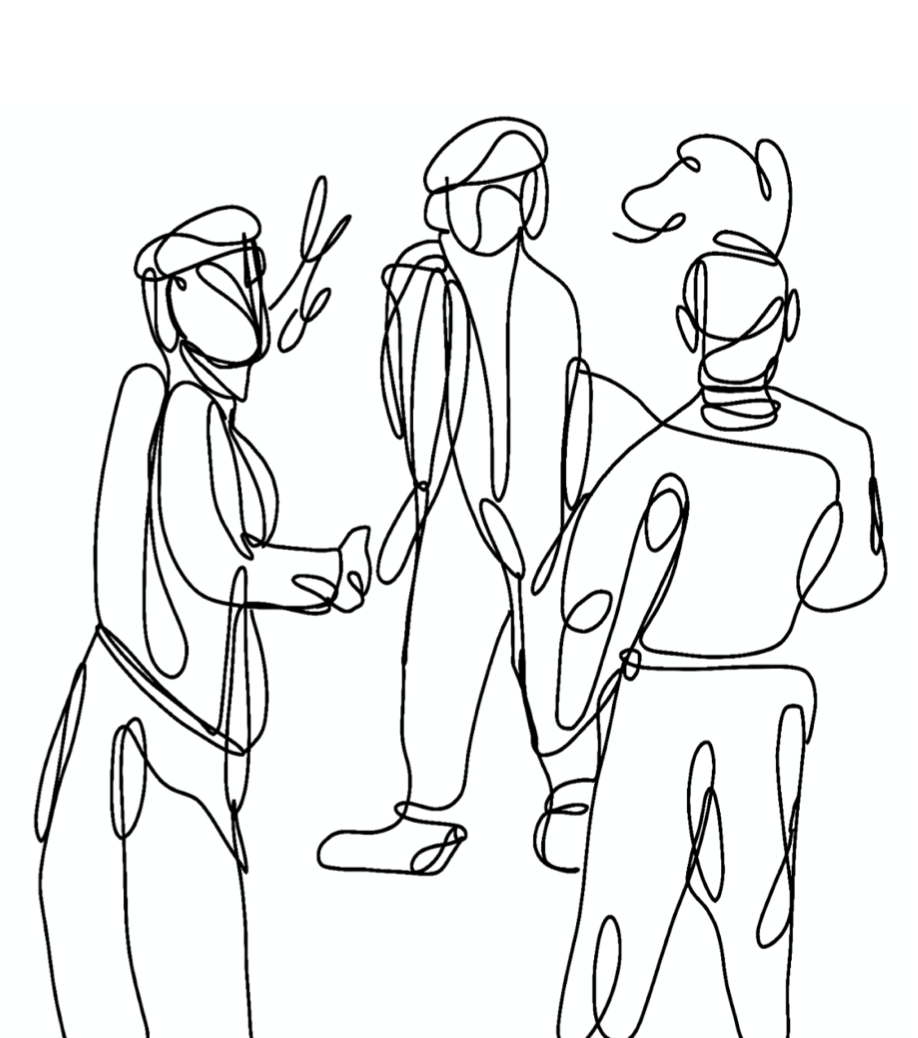 Line drawing of three figures.