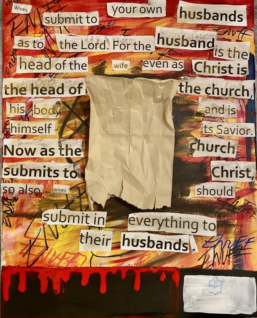 Image of student work of collage using text, a paper bag and a painted background