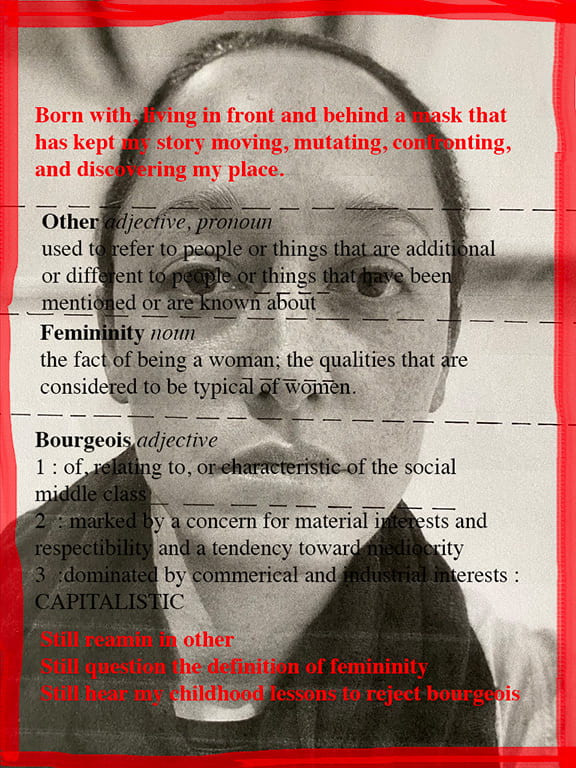 Image of student work of portrait overlain with text 