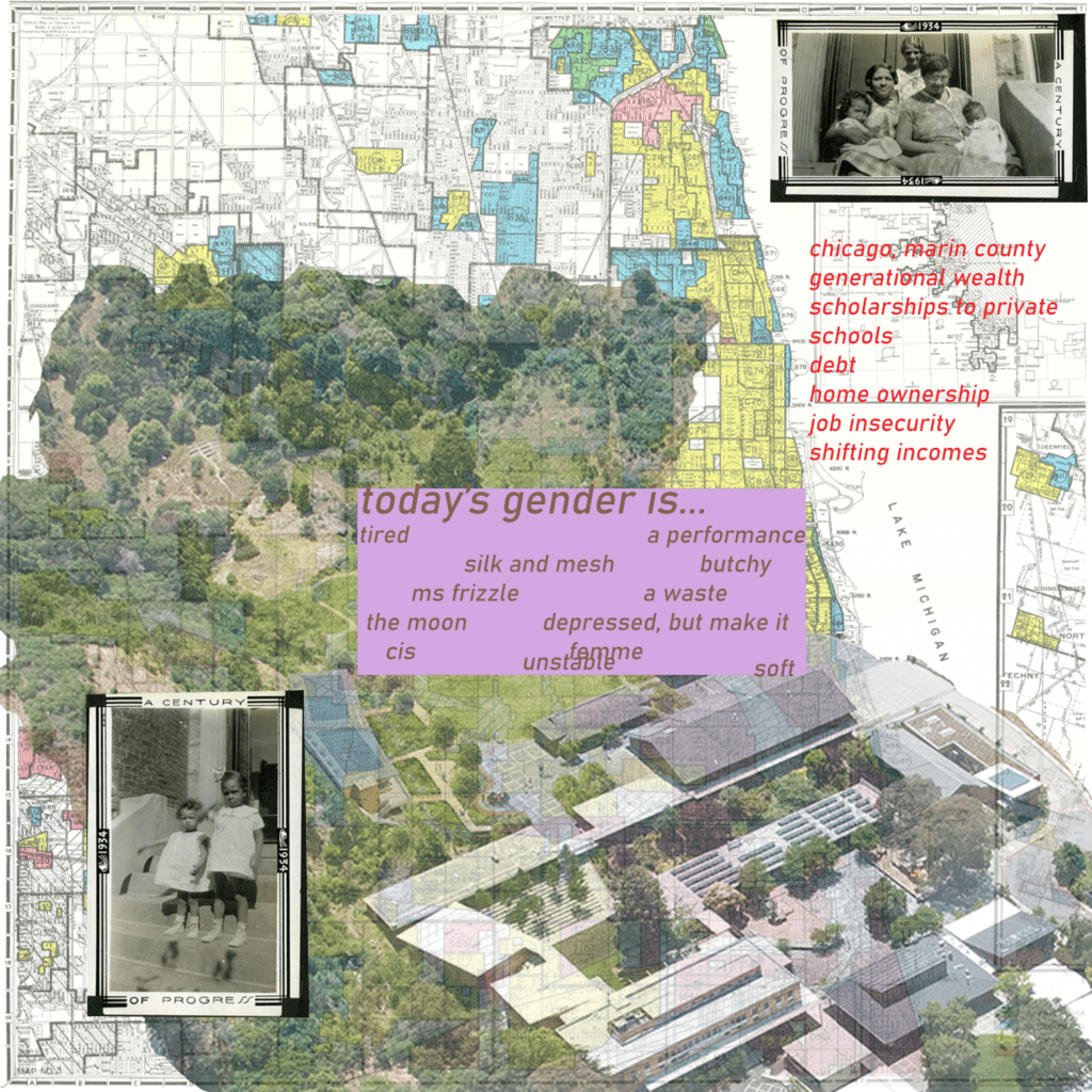 Image of student work of digital collage using a map, photographs, and text