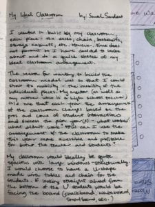 handwritten statement about Sarah's ideal classroom