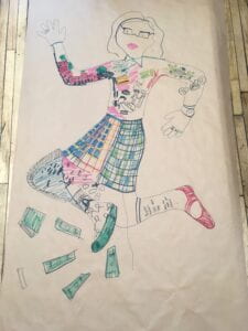 Image of a body map; the figure is wearing a skirt and glasses with colorful patterns