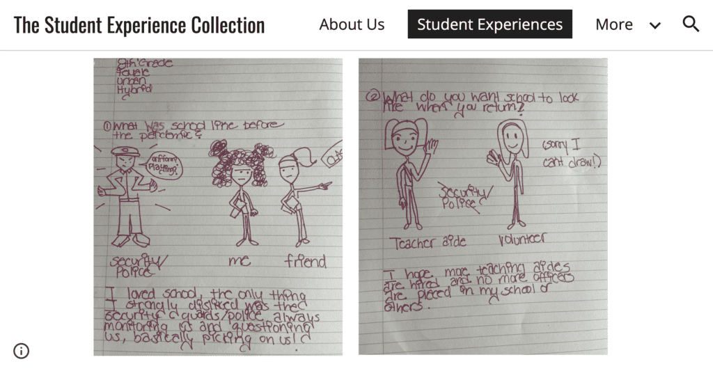 Screenshot of website titled 'The Student Experience Collection' with two hand written student papers with drawings of people